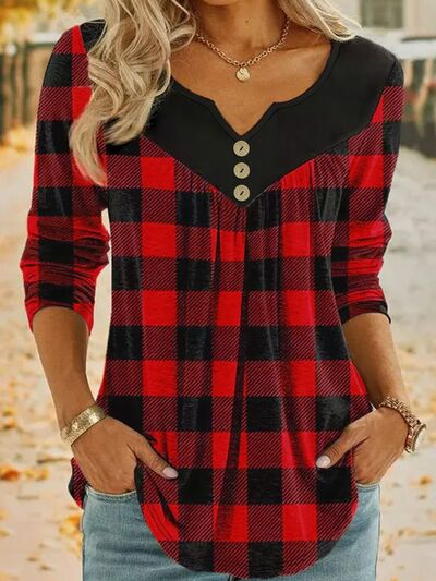 Plus Size Plaid Notched Buttoned Long Sleeve T-Shirt