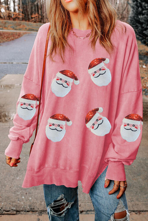 Sequin Santa Round Neck Slit Sweatshirt