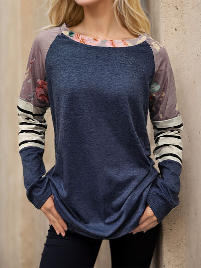 Striped Round Neck Raglan Sleeve T-Shirt