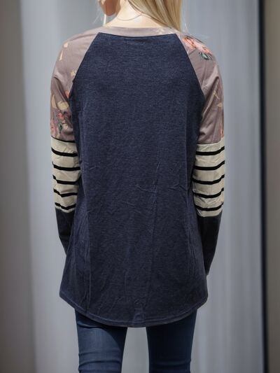 Striped Round Neck Raglan Sleeve T-Shirt